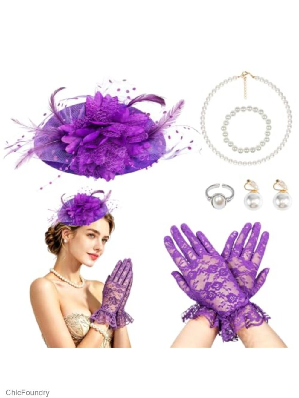 Vintage Feather Fascinator Hat with Pearl Jewelry & Gloves Set for Tea Party
